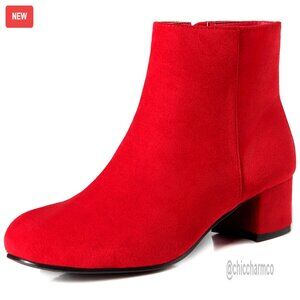 Women's Ankle Boots Suede Low Block Heel Side Zipper Booties Shoes